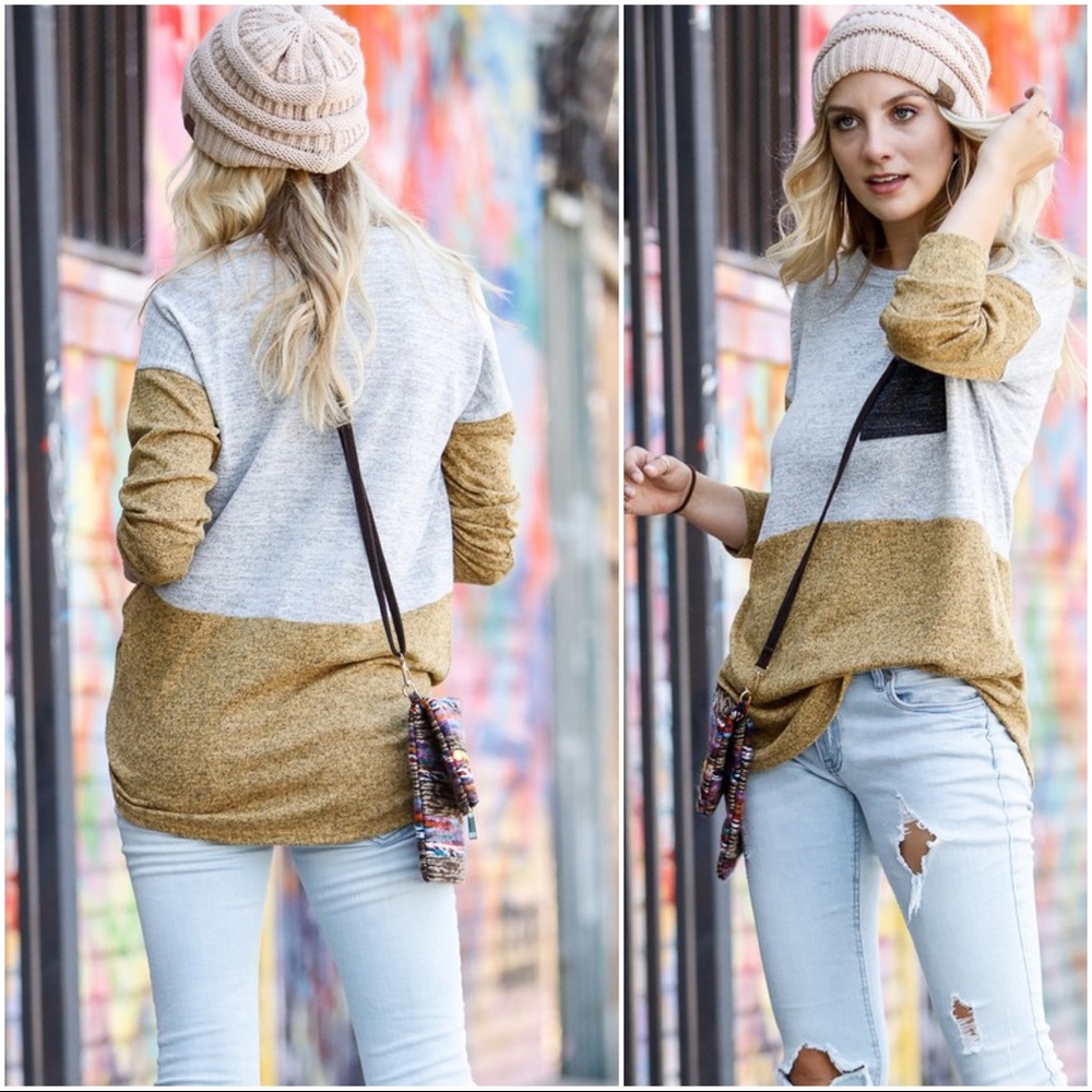 RESTOCK✨Long Sleeve Colorblock Tunic-mustard/gray - Picture 4 of 4